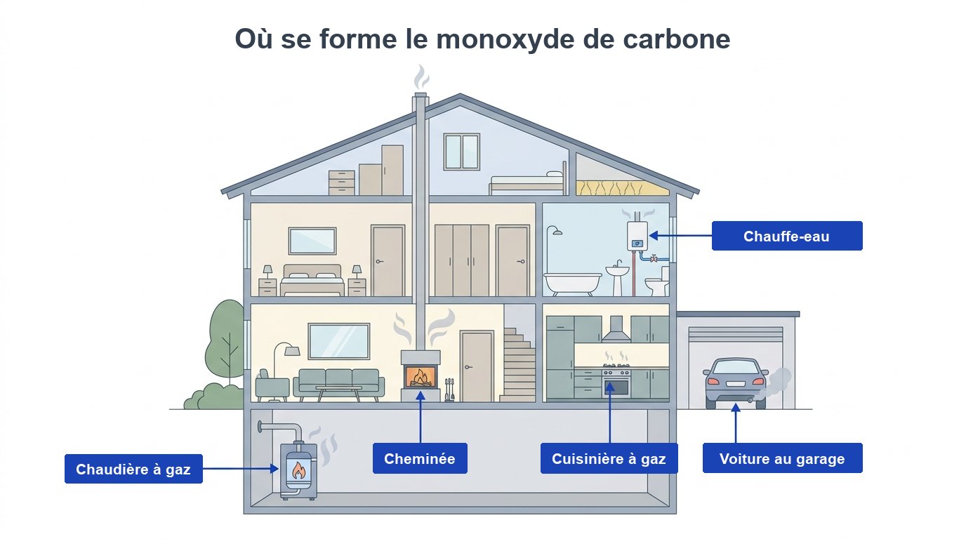 Coupe d’une maison avec les sources typiques de monoxyde de carbone : chaudière à gaz, cheminée, cuisinière à gaz et garage