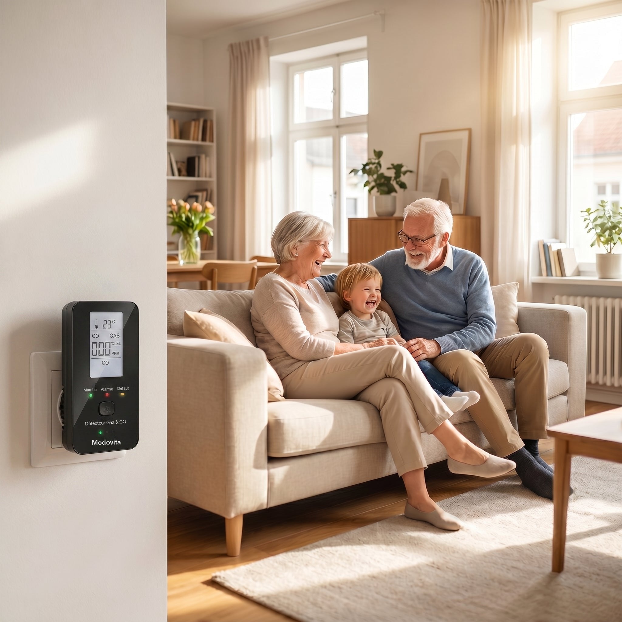 Famille dans le salon, détecteur Modovita au mur